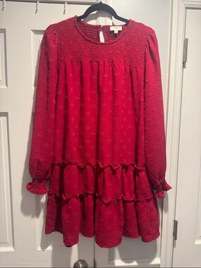 Umgee Red Smocked Yoke Tiered Long-Sleeve Dress